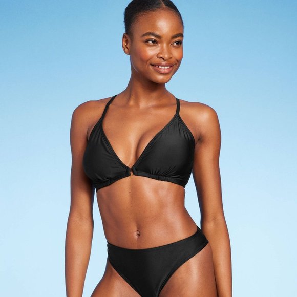 Women's Center Front Ring Triangle Bikini Top - Shade & Shore Black D/DD Cup - Picture 1 of 9